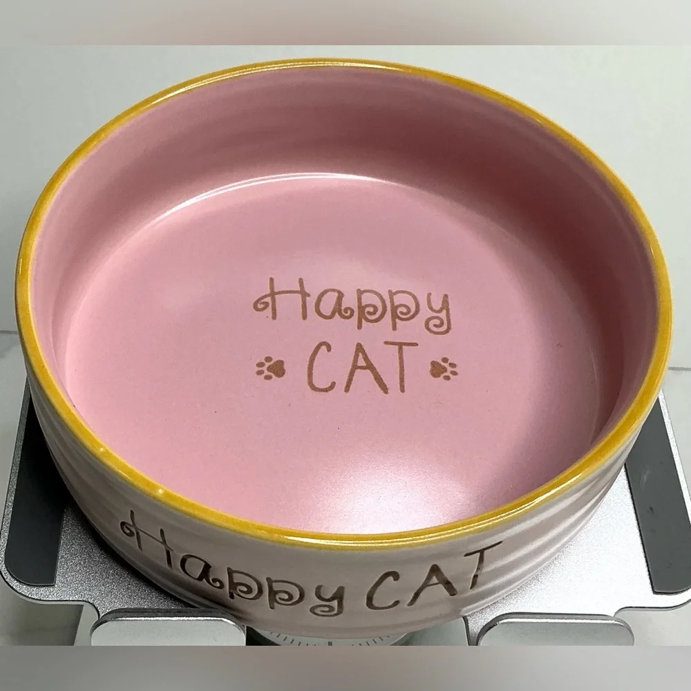 Spectrum Cat Bowl Ceramic Pink Pet Dish Food Water Happy Cat Pawprints 5.25